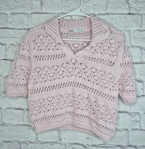 Zara Pink Open Pointelle Knit Polo Sweater Top Large Short Sleeve Cotton crochet